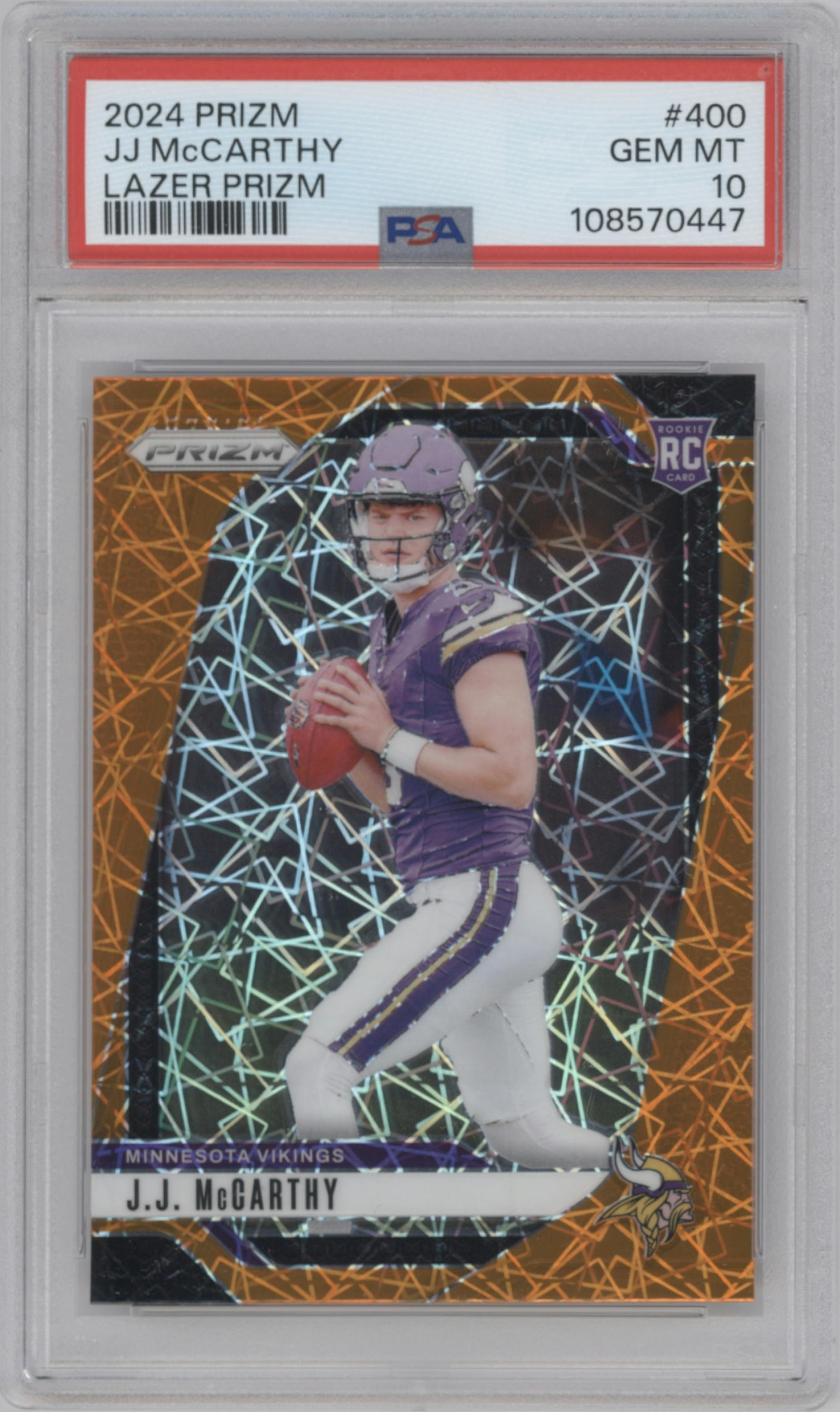 J.J. McCarthy from the 2024 Panini Prizm set featuring a Lazer Prizm parallel graded by PSA and given an overall grade of 10.