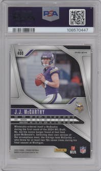 J.J. McCarthy from the 2024 Panini Prizm set featuring a Lazer Prizm parallel graded by PSA and given an overall grade of 10.