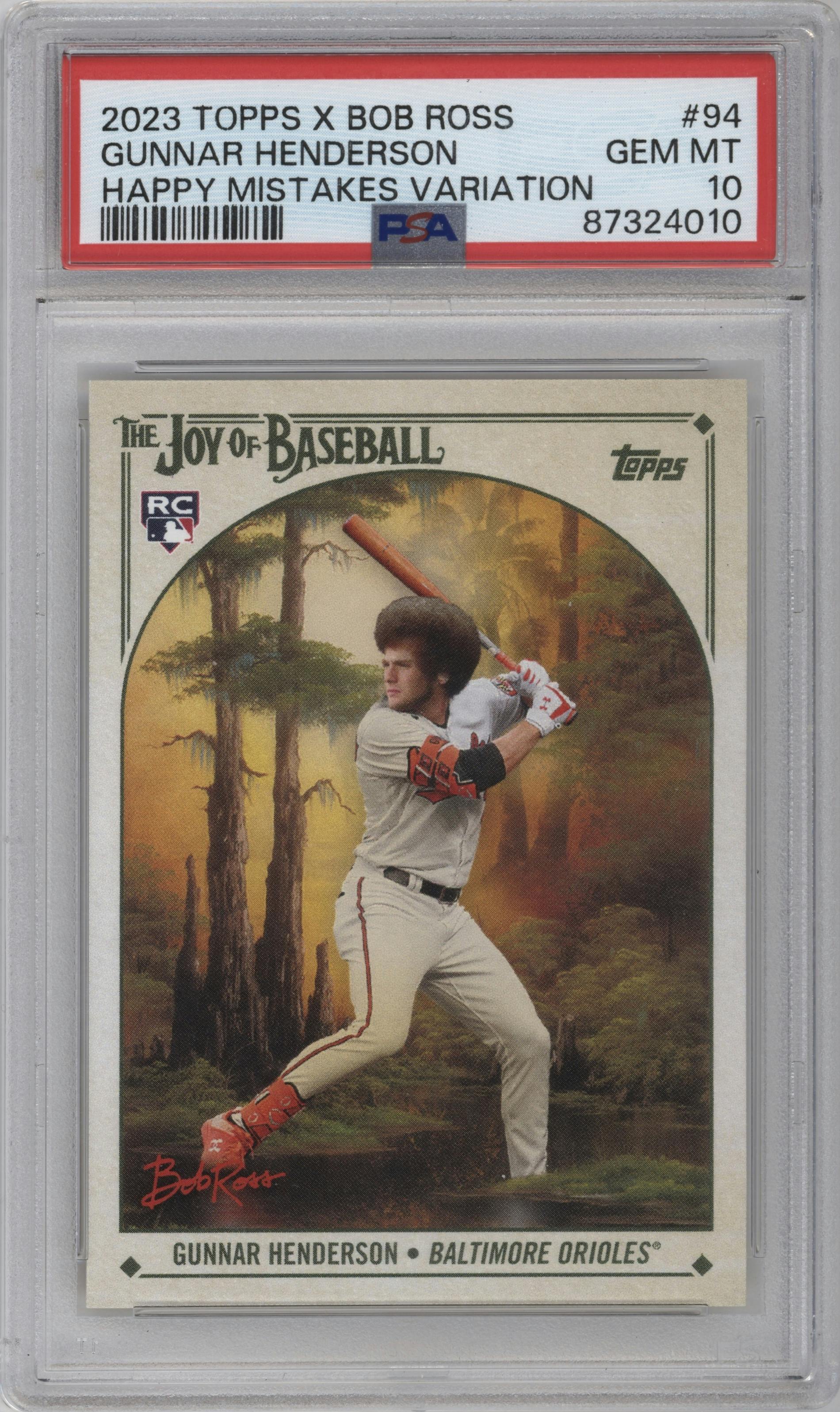 Gunnar Henderson from the 2023 Topps X Bob Ross The Joy of Baseball set graded by PSA and given an overall grade of 10.