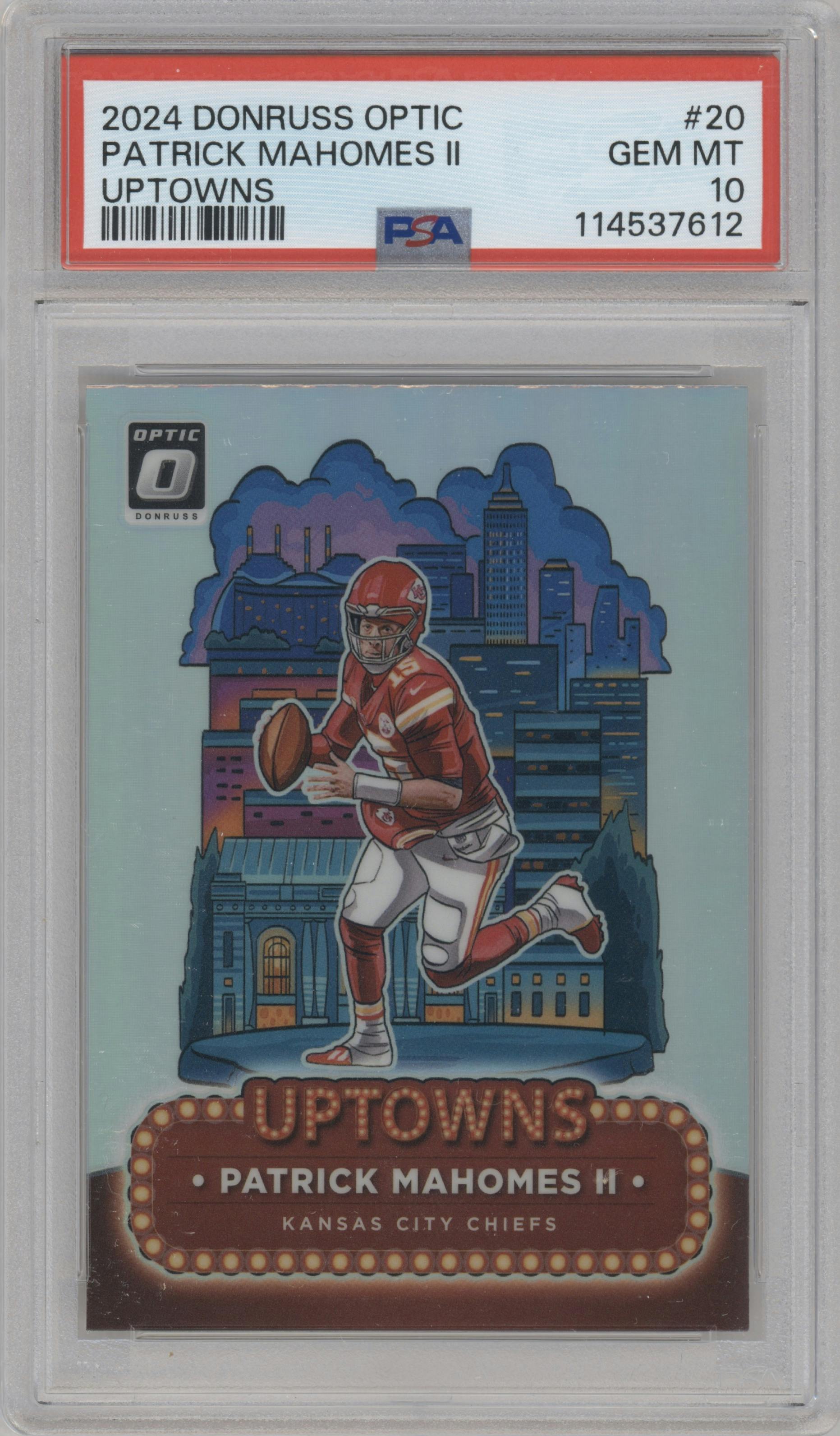 Patrick Mahomes II from the 2024 Donruss Optic set graded by PSA and given an overall grade of 10.