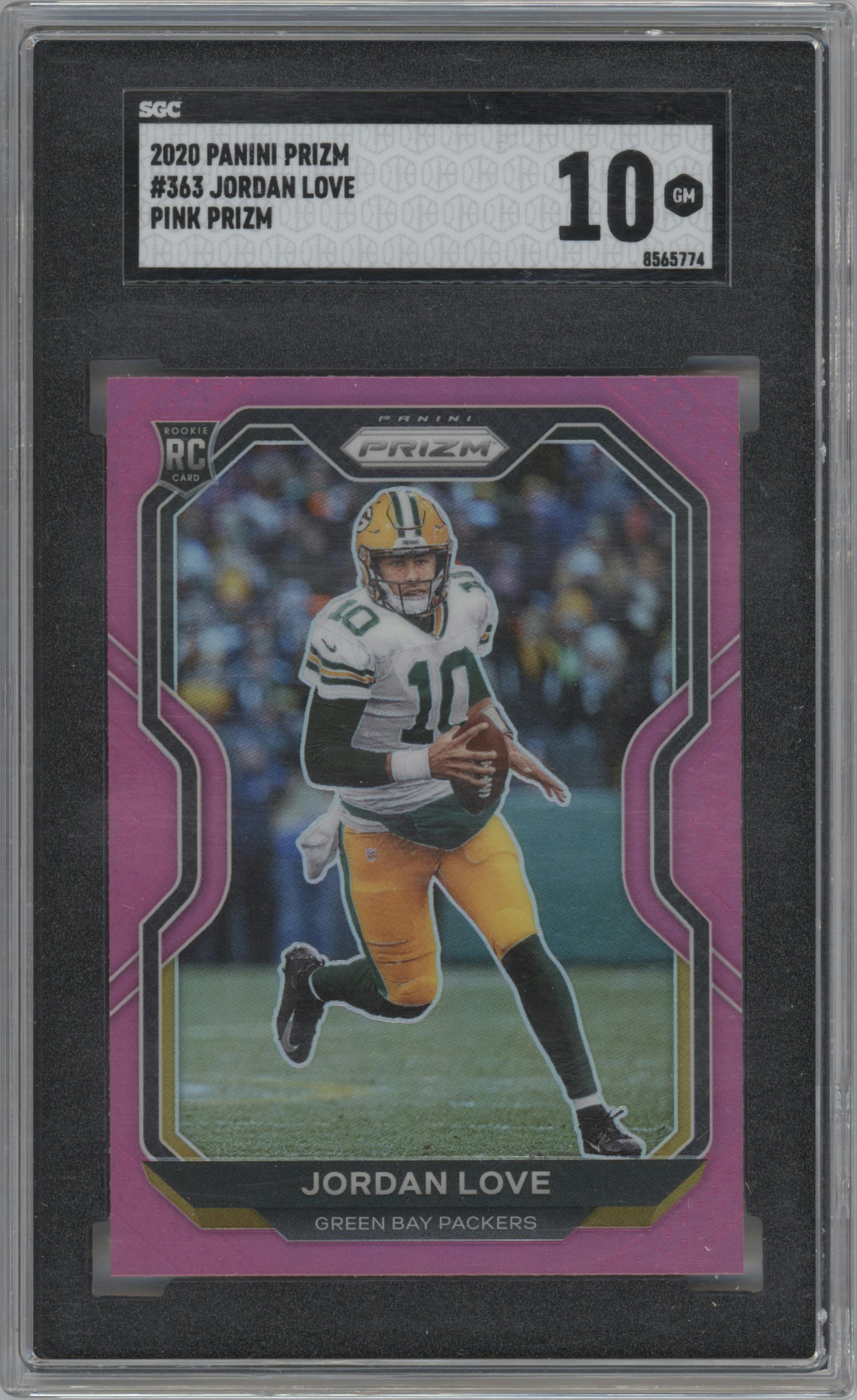 Jordan Love from the 2020 Panini Prizm set featuring a Pink Prizm parallel graded by SGC and given an overall grade of 10.
