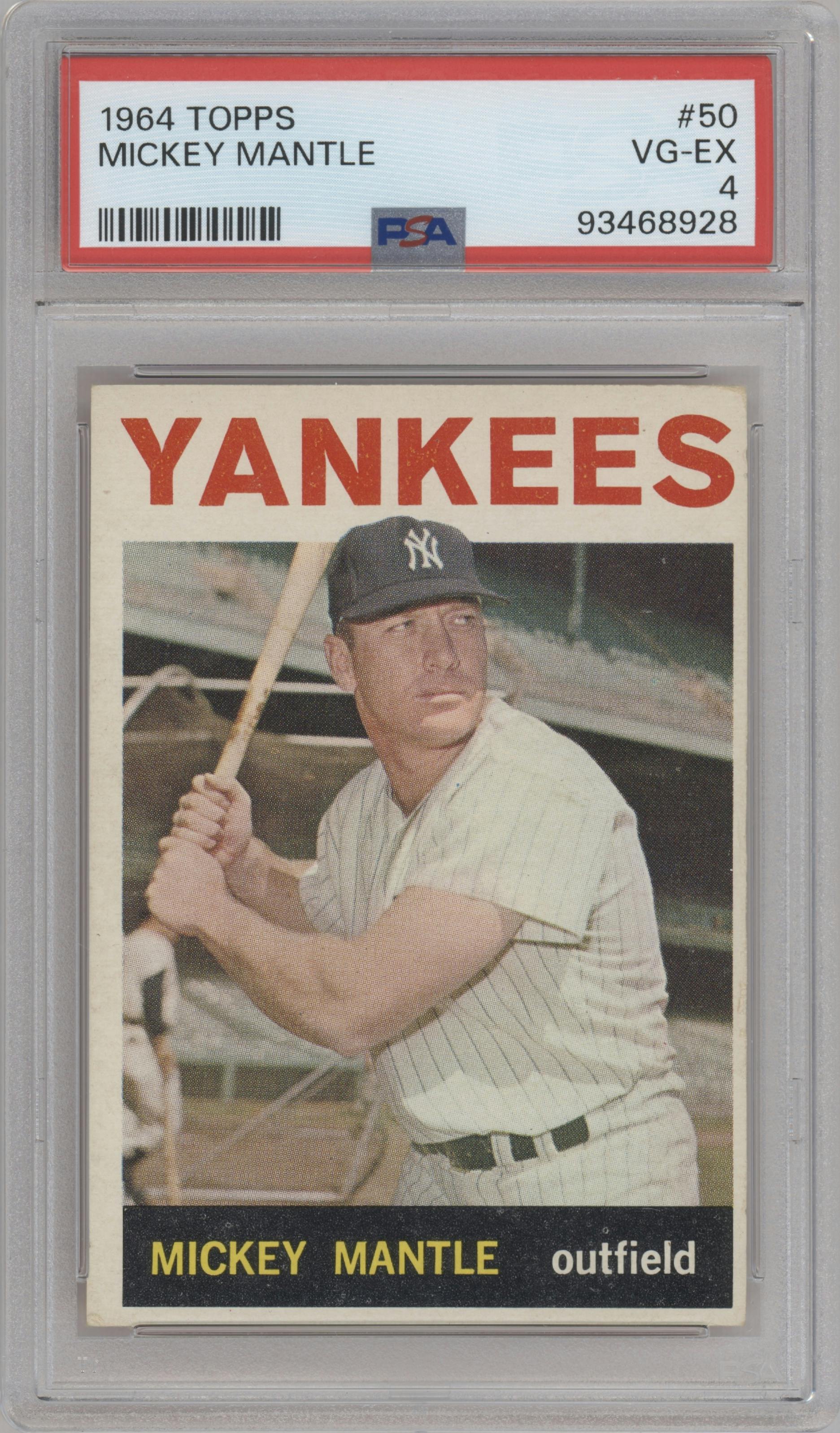 Mickey Mantle from the 1964 Topps set graded by PSA and given an overall grade of 4.