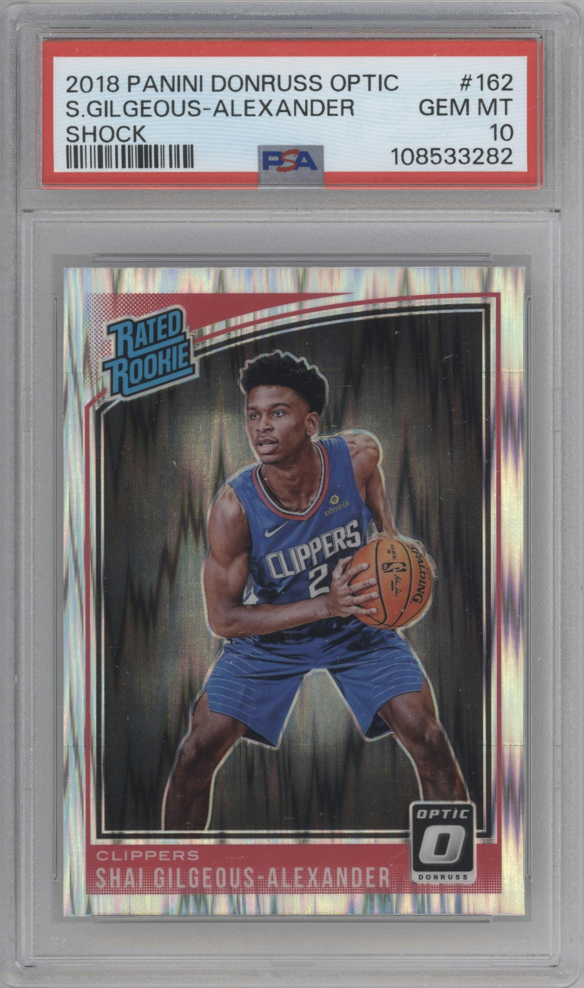 Shai Gilgeous-Alexander from the 2018-19 Panini Donruss Optic set featuring a Shock parallel graded by PSA and given an overall grade of 10.