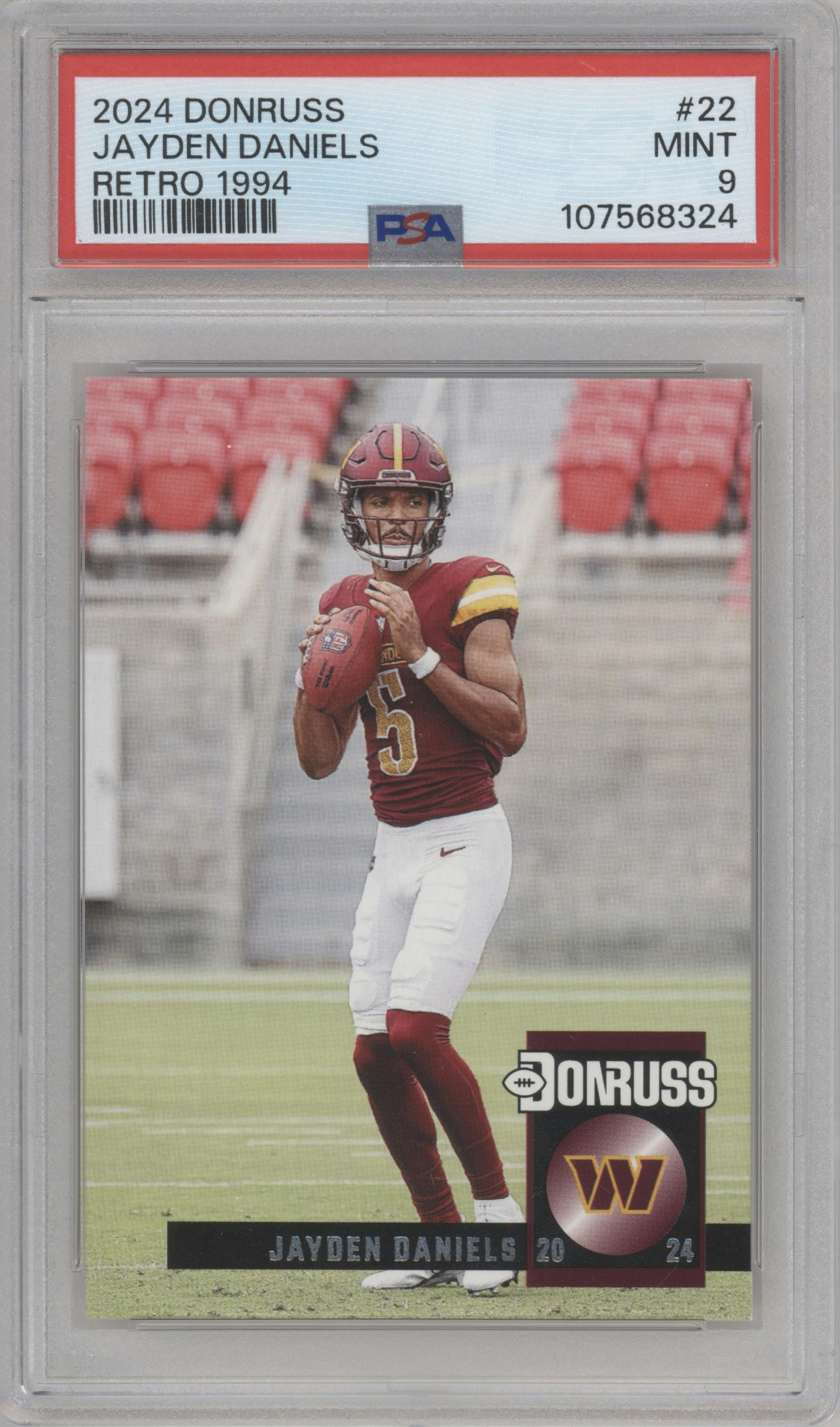 Jayden Daniels from the 2024 Donruss set graded by PSA and given an overall grade of 9.