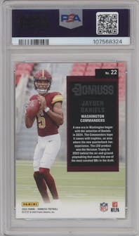 Jayden Daniels from the 2024 Donruss set graded by PSA and given an overall grade of 9.