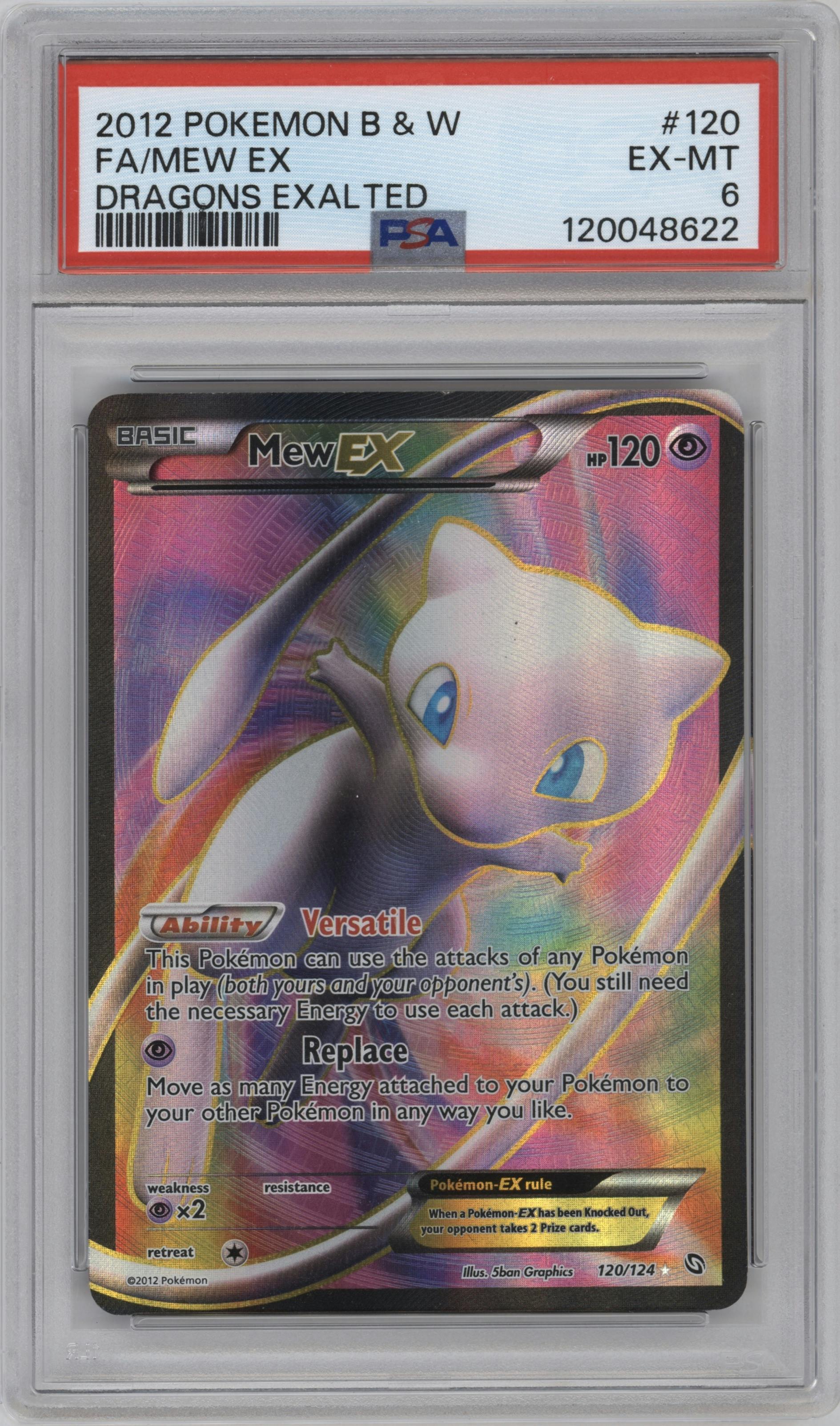 Mew EX from the 2012 Pokemon B&W set graded by PSA and given an overall grade of 6.