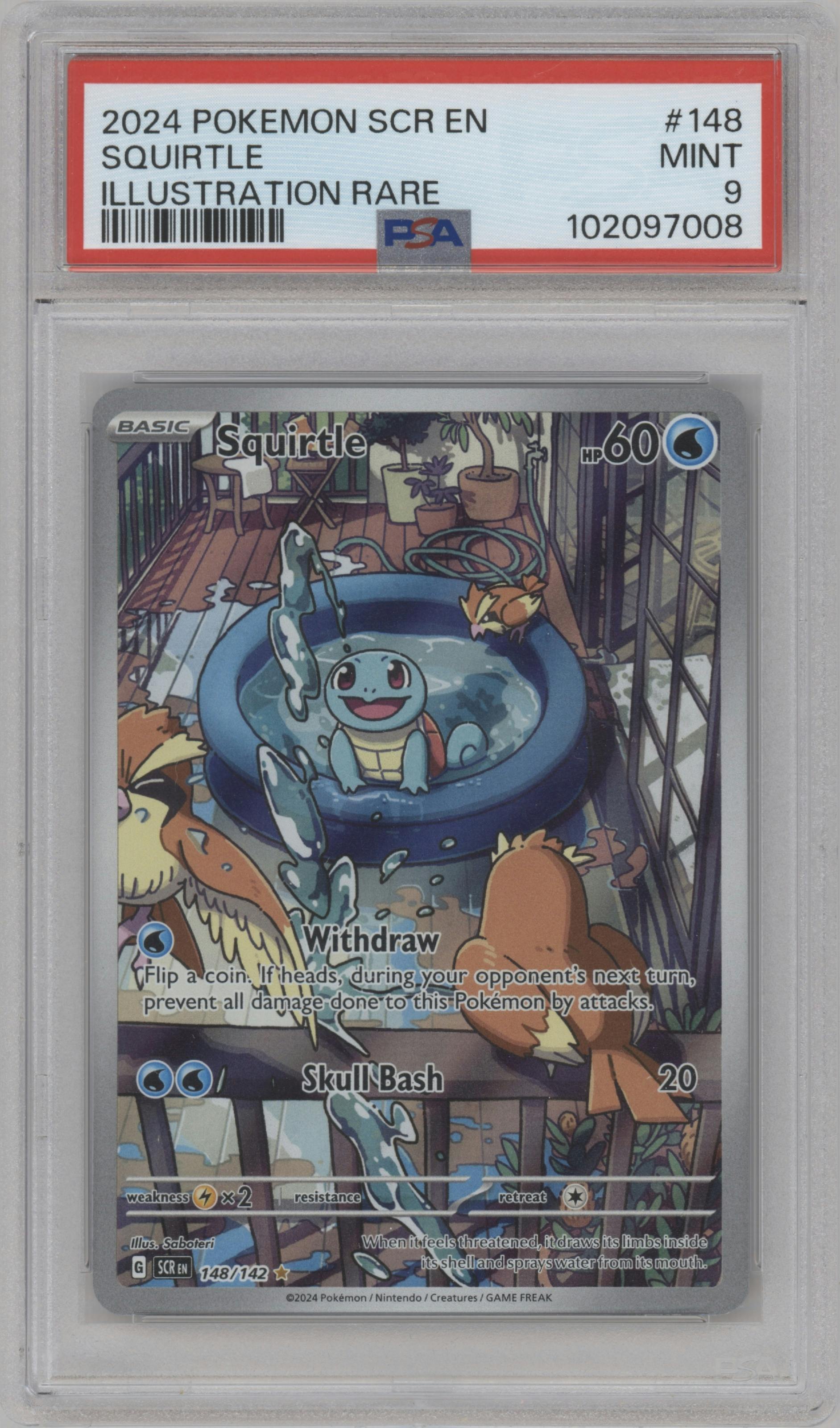 Squirtle from the 2024 Pokemon SV set graded by PSA and given an overall grade of 9.