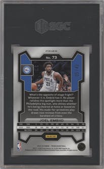 Joel Embiid from the 2023-24 Panini Prizm set featuring a Pink Pulsar parallel graded by SGC and given an overall grade of 10.