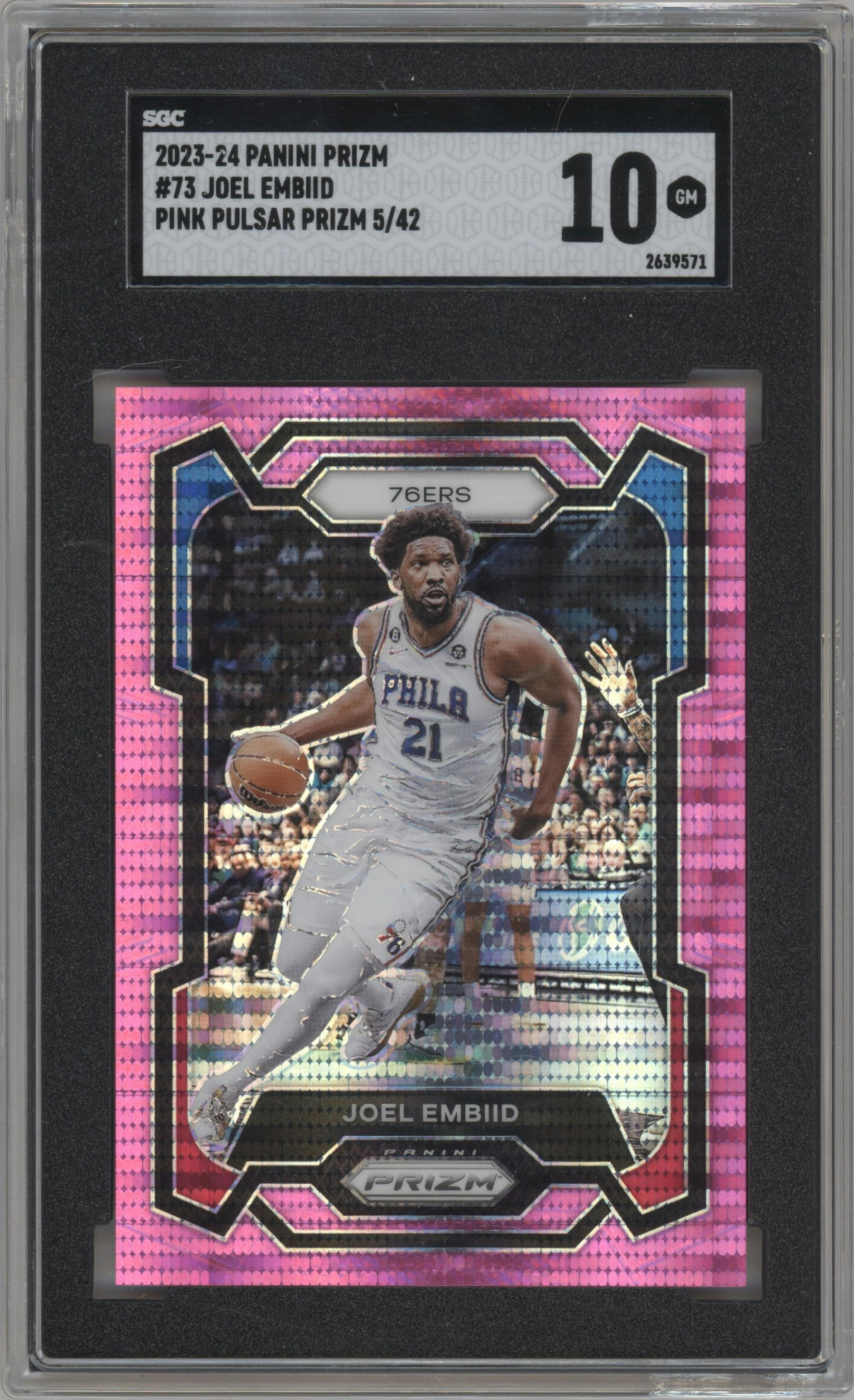 Joel Embiid from the 2023-24 Panini Prizm set featuring a Pink Pulsar parallel graded by SGC and given an overall grade of 10.