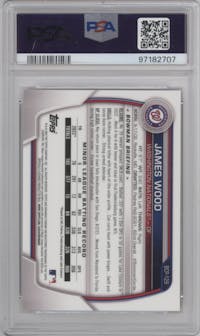 James Wood from the 2023 Bowman  set featuring a Orange Refractor parallel graded by PSA and given an overall grade of 10.