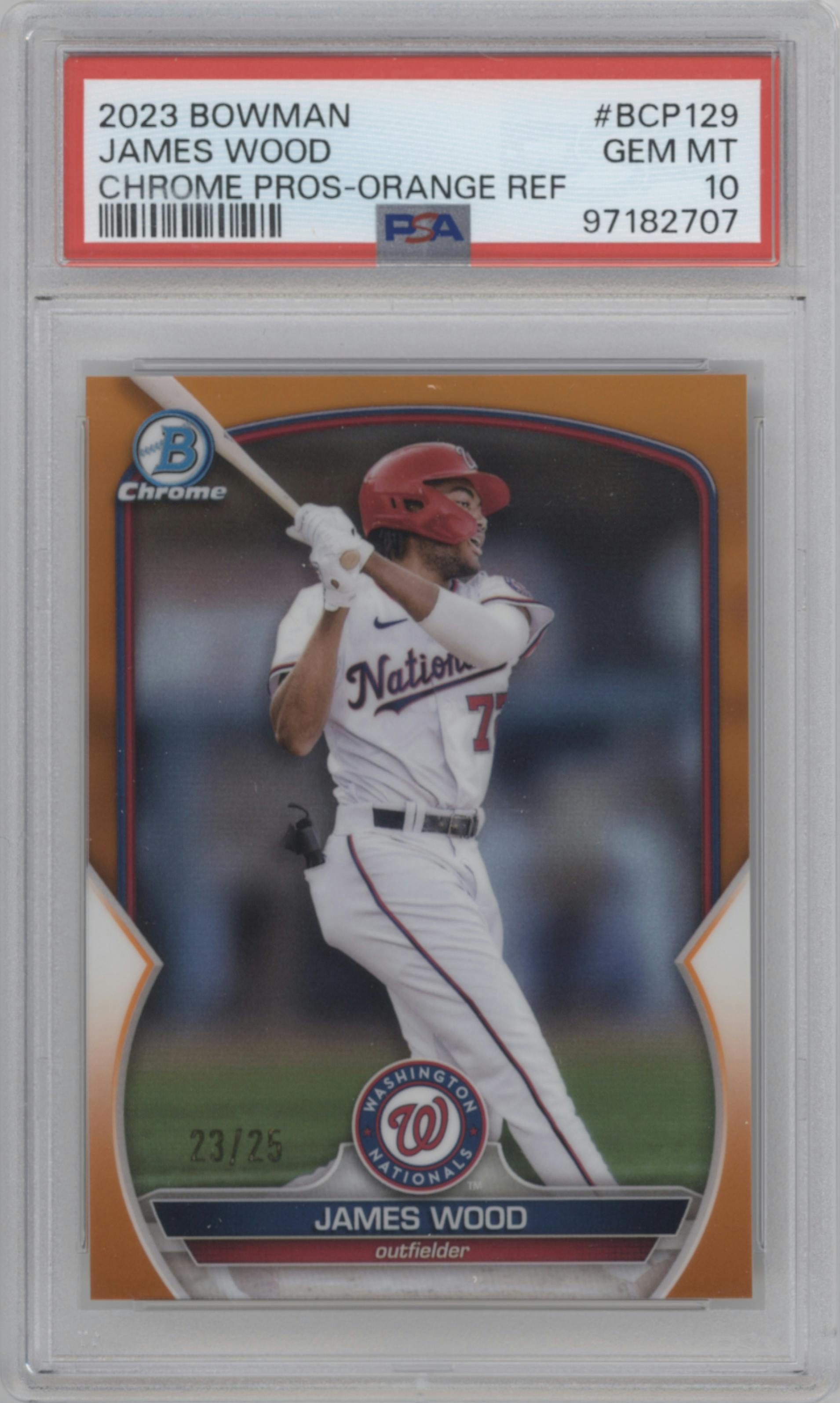 James Wood from the 2023 Bowman  set featuring a Orange Refractor parallel graded by PSA and given an overall grade of 10.