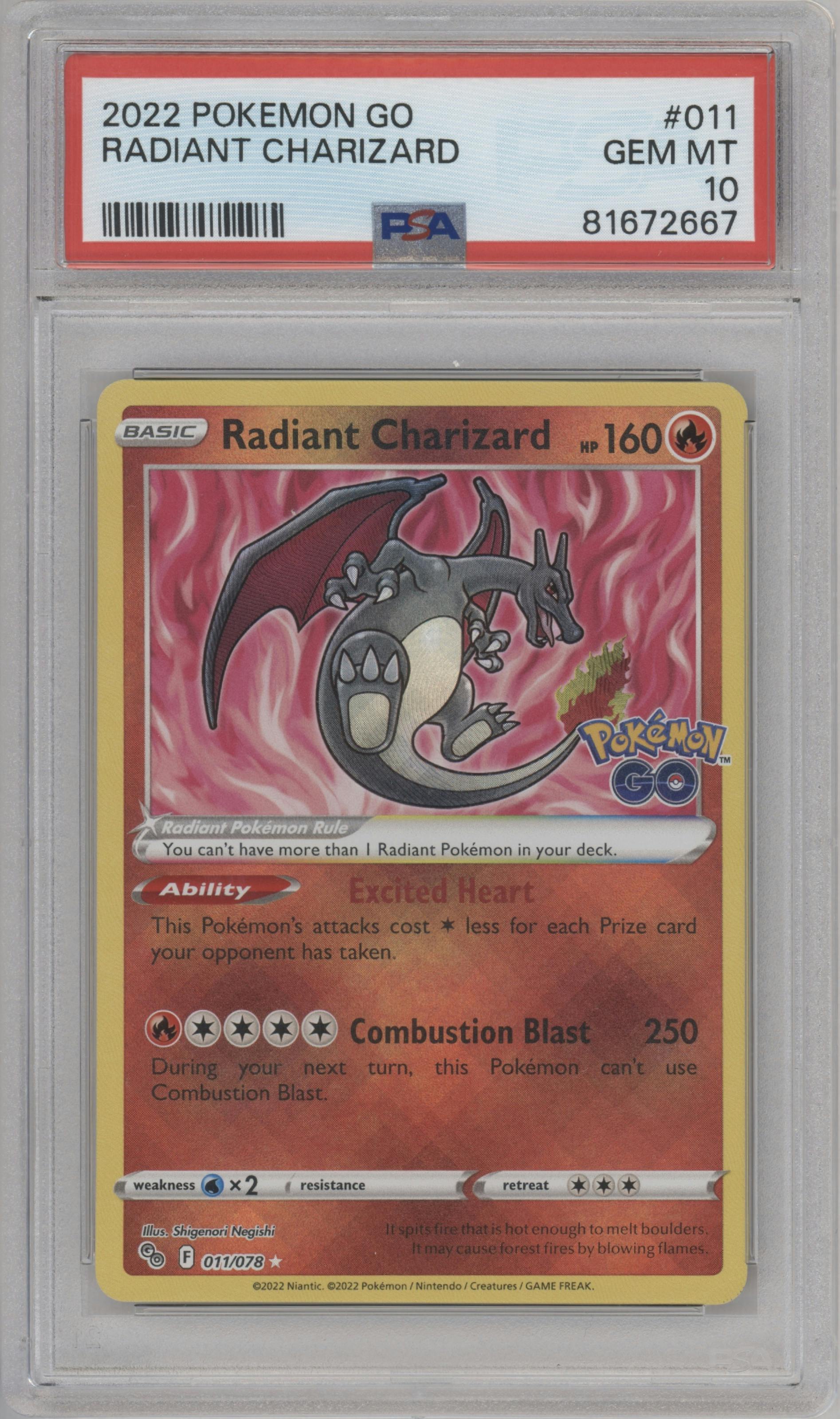 Radiant Charizard from the 2022 Pokemon SWSH set graded by PSA and given an overall grade of 10.