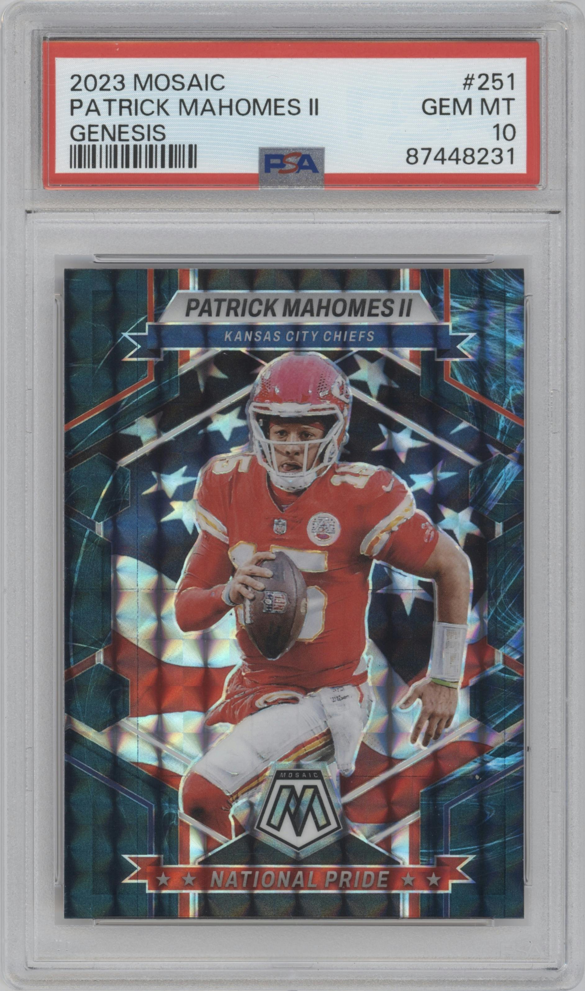 Patrick Mahomes II from the 2023 Panini Mosaic set featuring a  Genesis parallel graded by PSA and given an overall grade of 10.