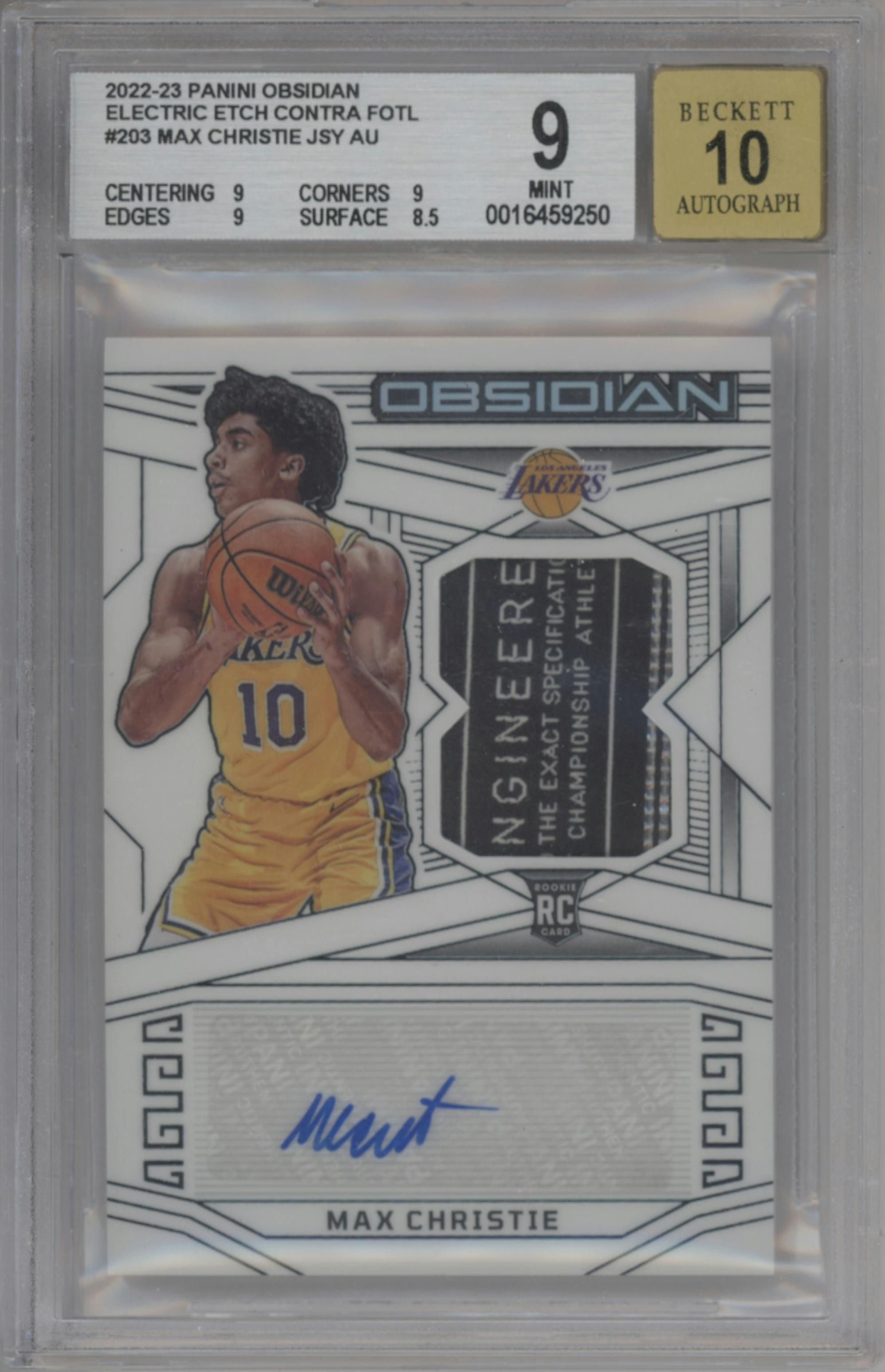 Max Christie from the 2022-23 Panini Obsidian set featuring a Electric Etch Contra FOTL parallel graded by Beckett and given an overall grade of 9.