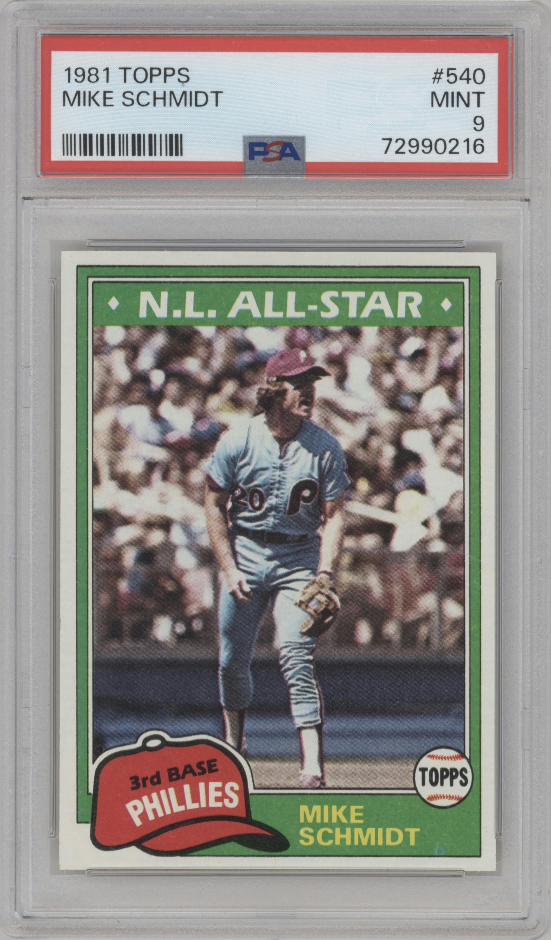 Mike Schmidt from the 1981 Topps set graded by PSA and given an overall grade of 9.