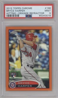 Bryce Harper from the 2012 Topps Chrome set featuring a Orange Refractor parallel graded by PSA and given an overall grade of 9.