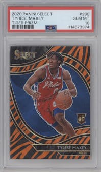 Tyrese Maxey from the 2020-21 Panini Select  set featuring a Tiger parallel graded by PSA and given an overall grade of 10.