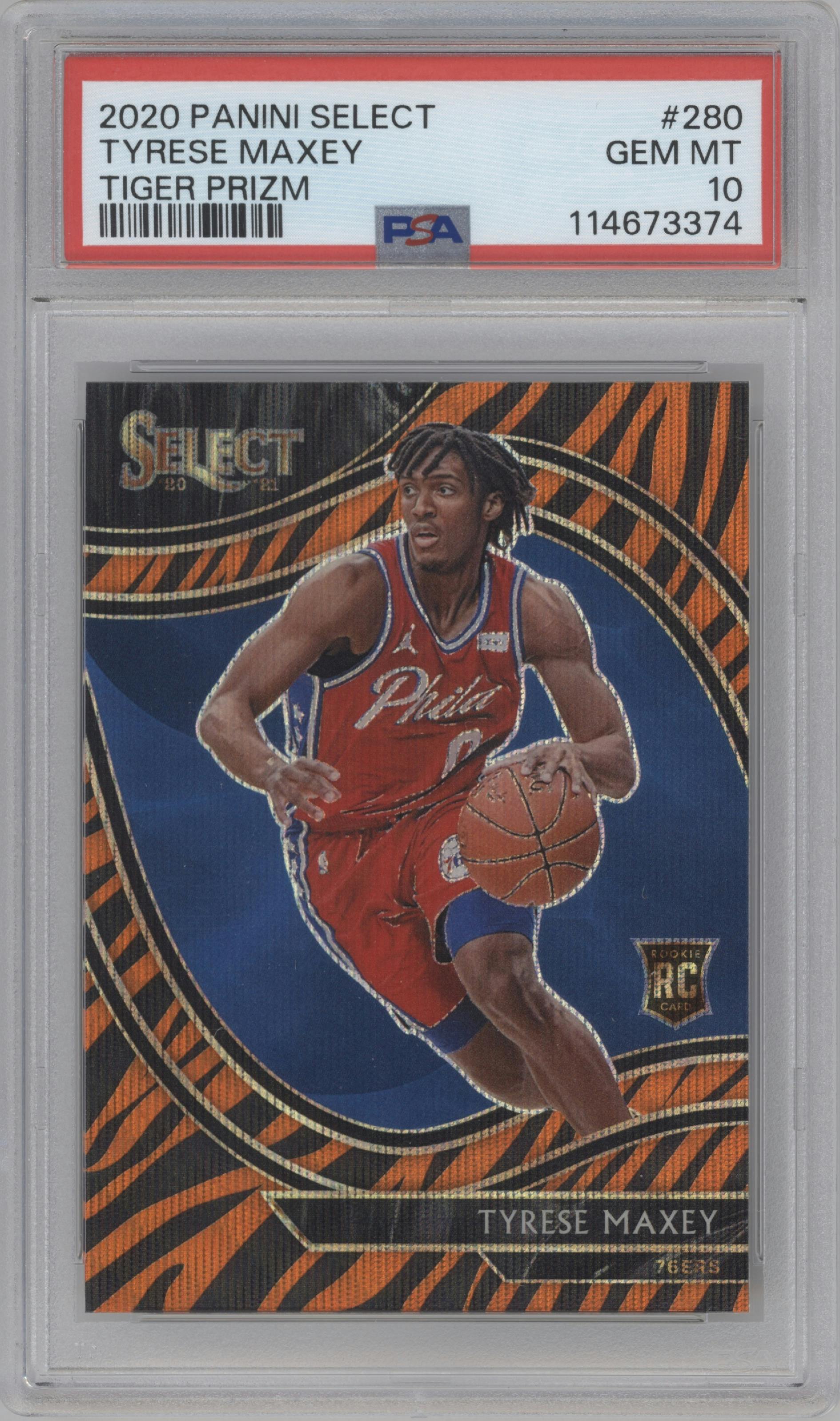 Tyrese Maxey from the 2020-21 Panini Select  set featuring a Tiger parallel graded by PSA and given an overall grade of 10.