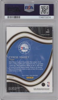 Tyrese Maxey from the 2020-21 Panini Select  set featuring a Tiger parallel graded by PSA and given an overall grade of 10.
