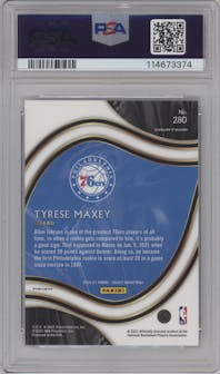 Tyrese Maxey from the 2020-21 Panini Select  set featuring a Tiger parallel graded by PSA and given an overall grade of 10.