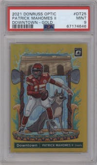 Patrick Mahomes II from the 2021 Panini Donruss Optic set featuring a Gold parallel graded by PSA and given an overall grade of 9.