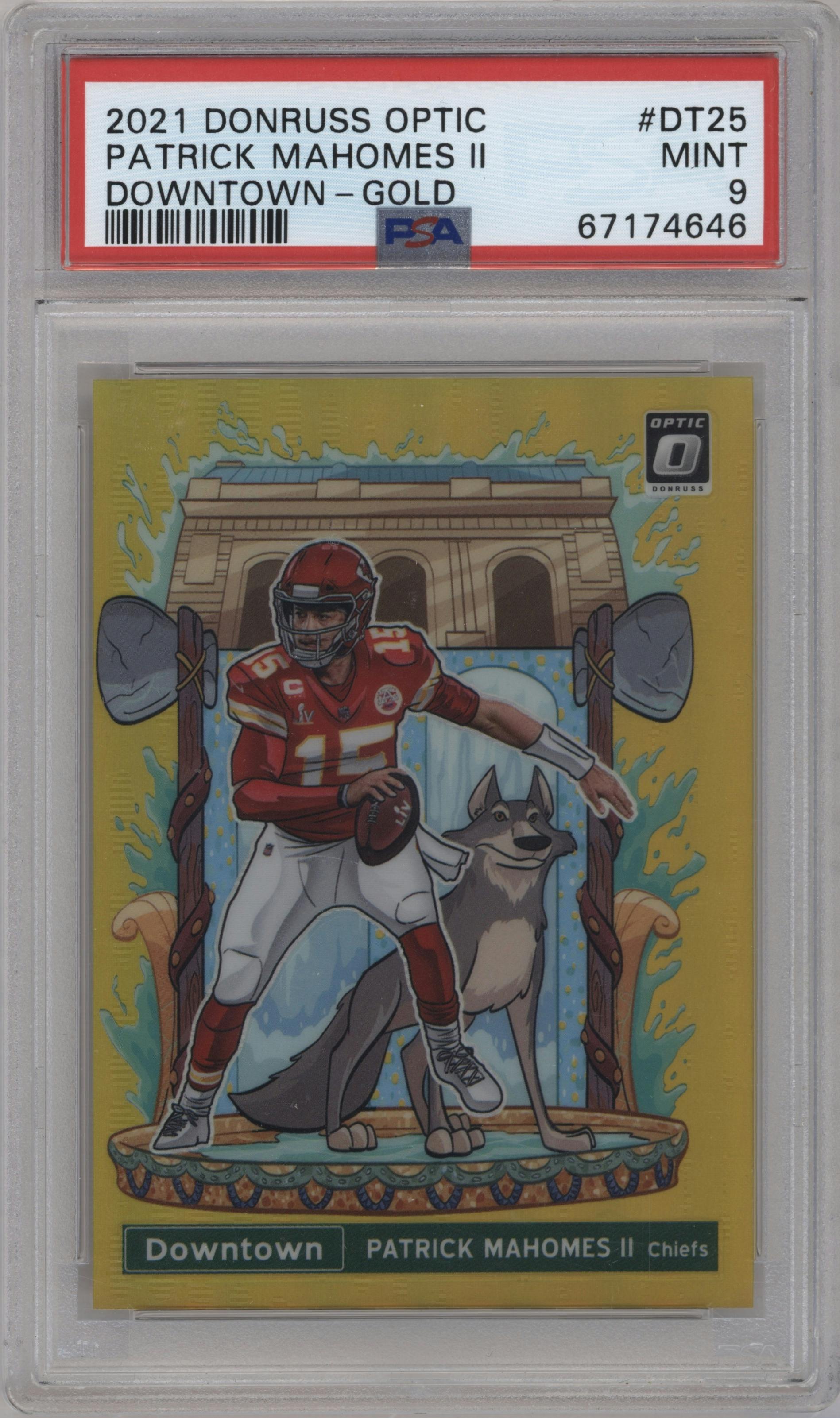 Patrick Mahomes II from the 2021 Panini Donruss Optic set featuring a Gold parallel graded by PSA and given an overall grade of 9.