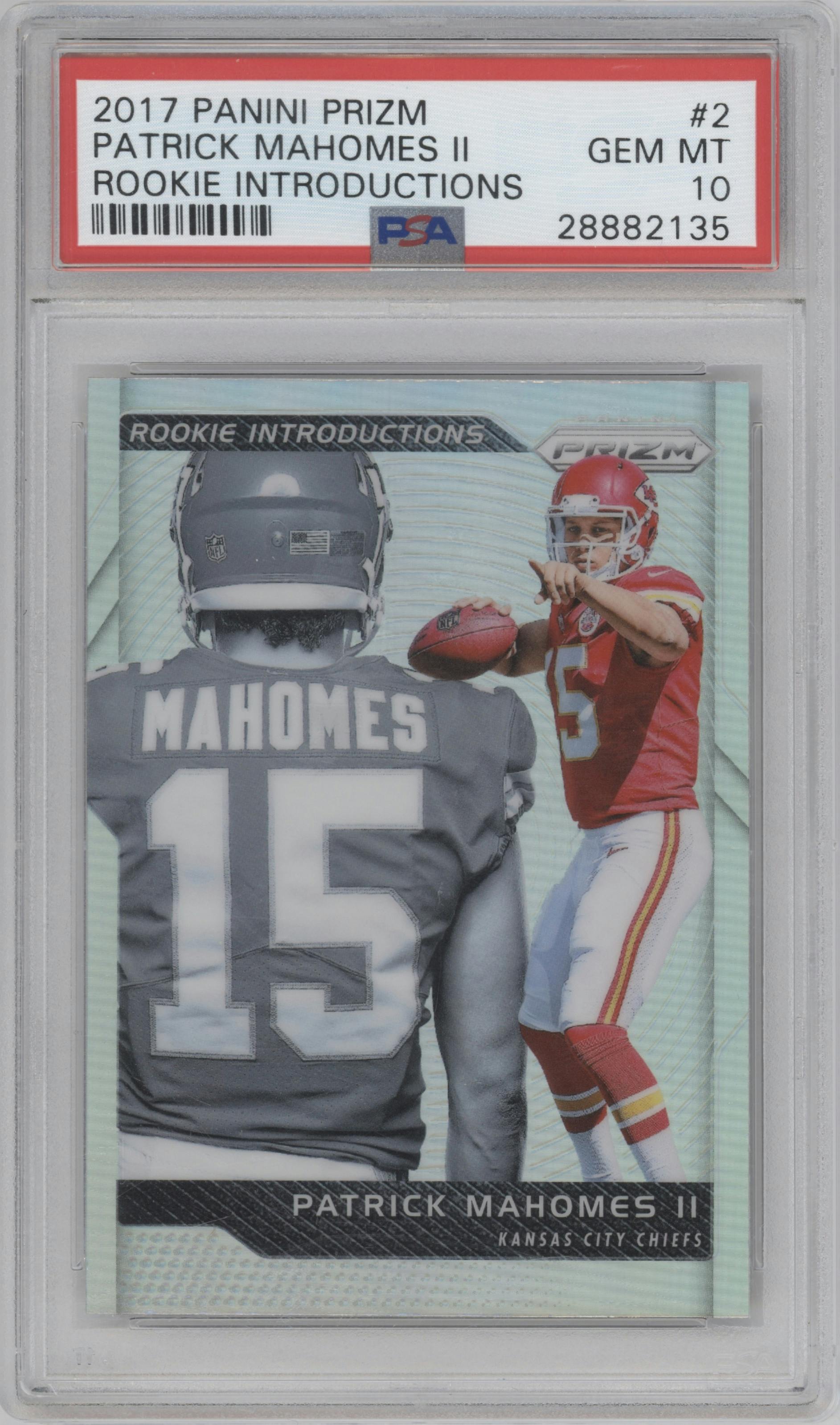 Patrick Mahomes II from the 2017 Panini Prizm set graded by PSA and given an overall grade of 10.