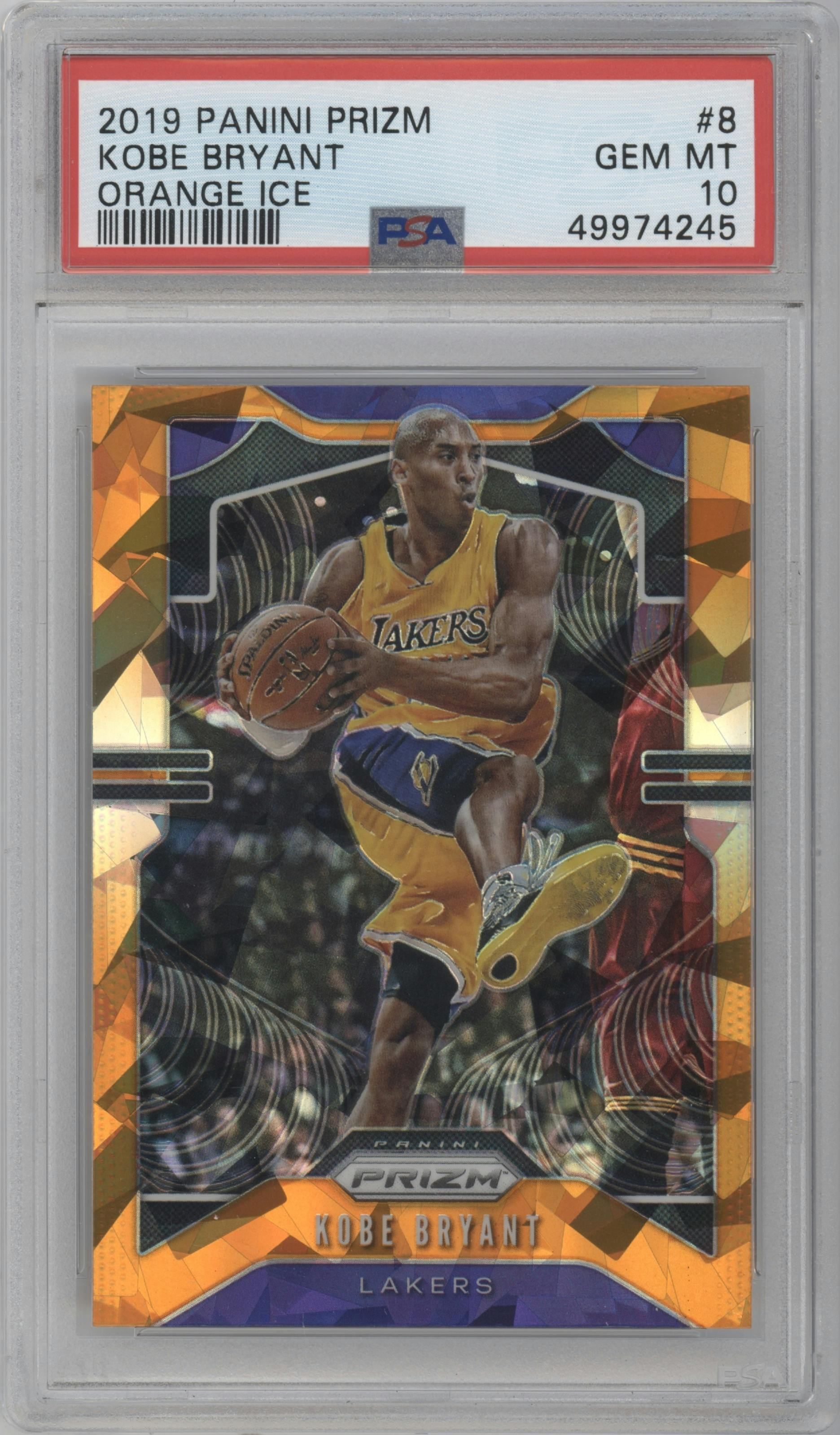 Kobe Bryant from the 2019-20 Panini Prizm set featuring a Orange Ice parallel graded by PSA and given an overall grade of 10.