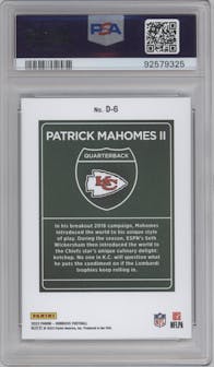 Patrick Mahomes II  from the 2023 Panini Donruss set graded by PSA and given an overall grade of 10.
