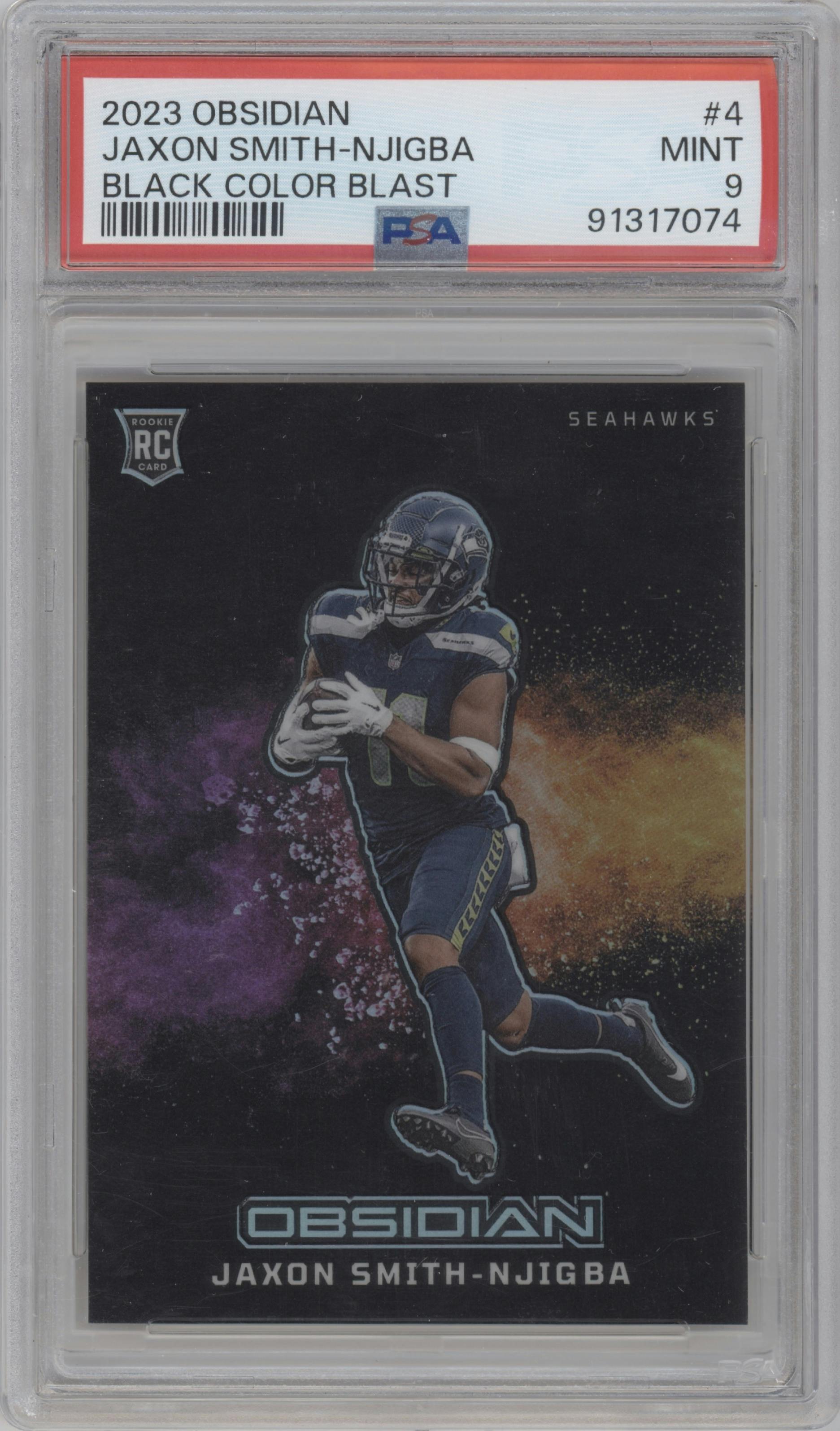Jaxon Smith-Njigba from the 2023 Panini Obsidian set graded by PSA and given an overall grade of 9.