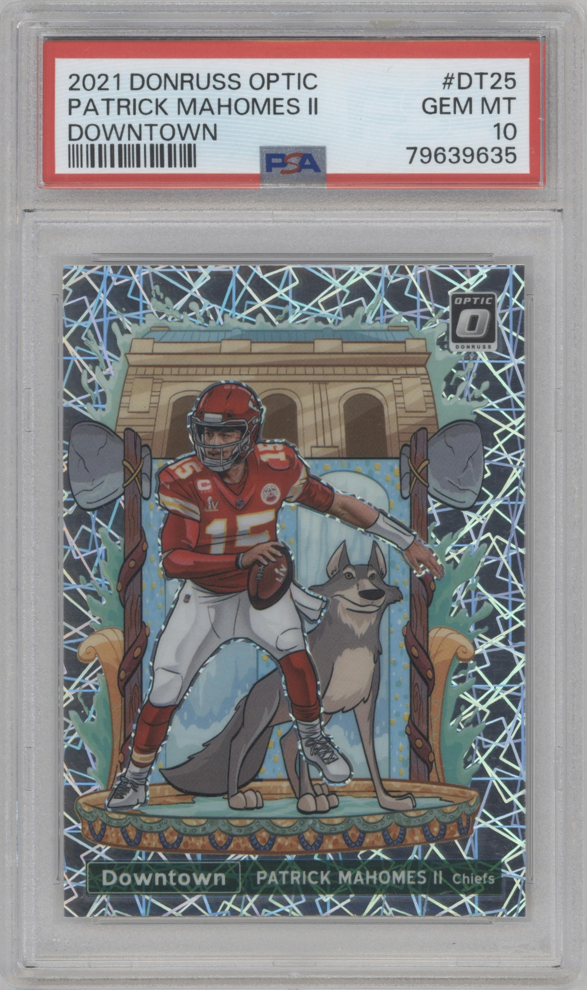 Patrick Mahomes II from the 2021 Panini Donruss Optic set graded by PSA and given an overall grade of 10.