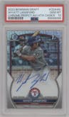 Wyatt Langford from the 2023 Bowman Draft set featuring a HTA Choice Refractor parallel graded by PSA and given an overall grade of 10.