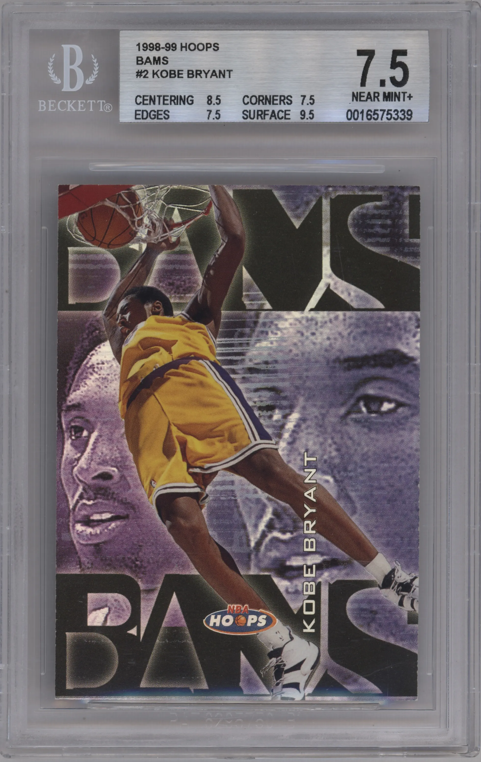 Kobe Bryant from the 1998-99 NBA Hoops set graded by Beckett and given an overall grade of 7.5.