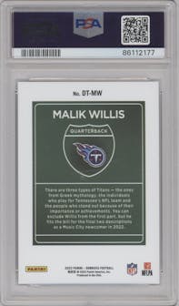 Malik Willis from the 2022 Panini Donruss set graded by PSA and given an overall grade of 10.