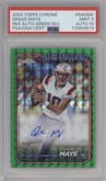 Drake Maye from the 2024 Topps Chrome set featuring a Green Geometric Refractor parallel graded by PSA and given an overall grade of 9.