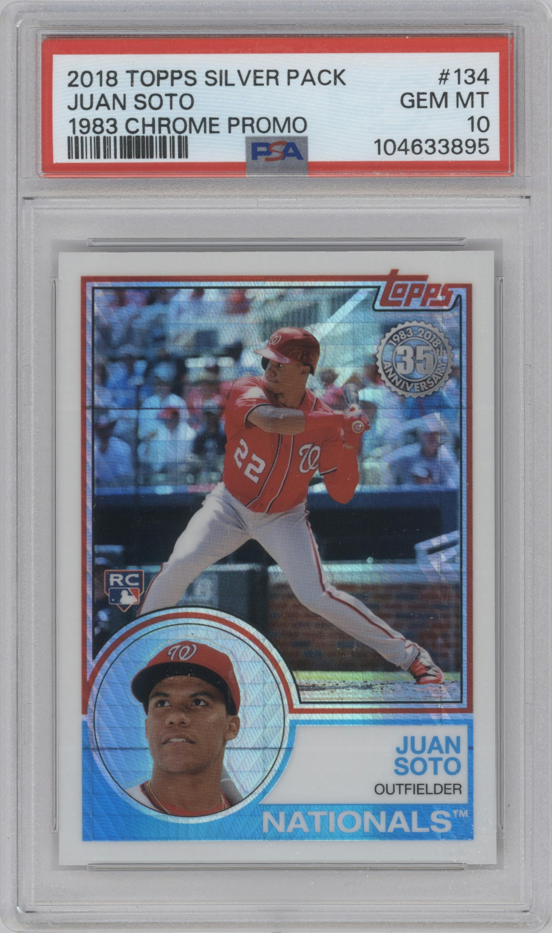 Juan Soto from the 2018 Topps Silver Pack  set graded by PSA and given an overall grade of 10.
