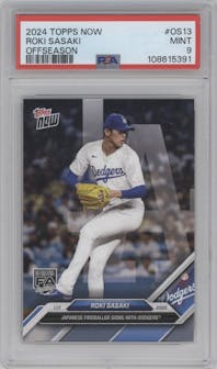 Roki Sasaki from the 2024-25 Topps Now Off-Season set graded by PSA and given an overall grade of 9.