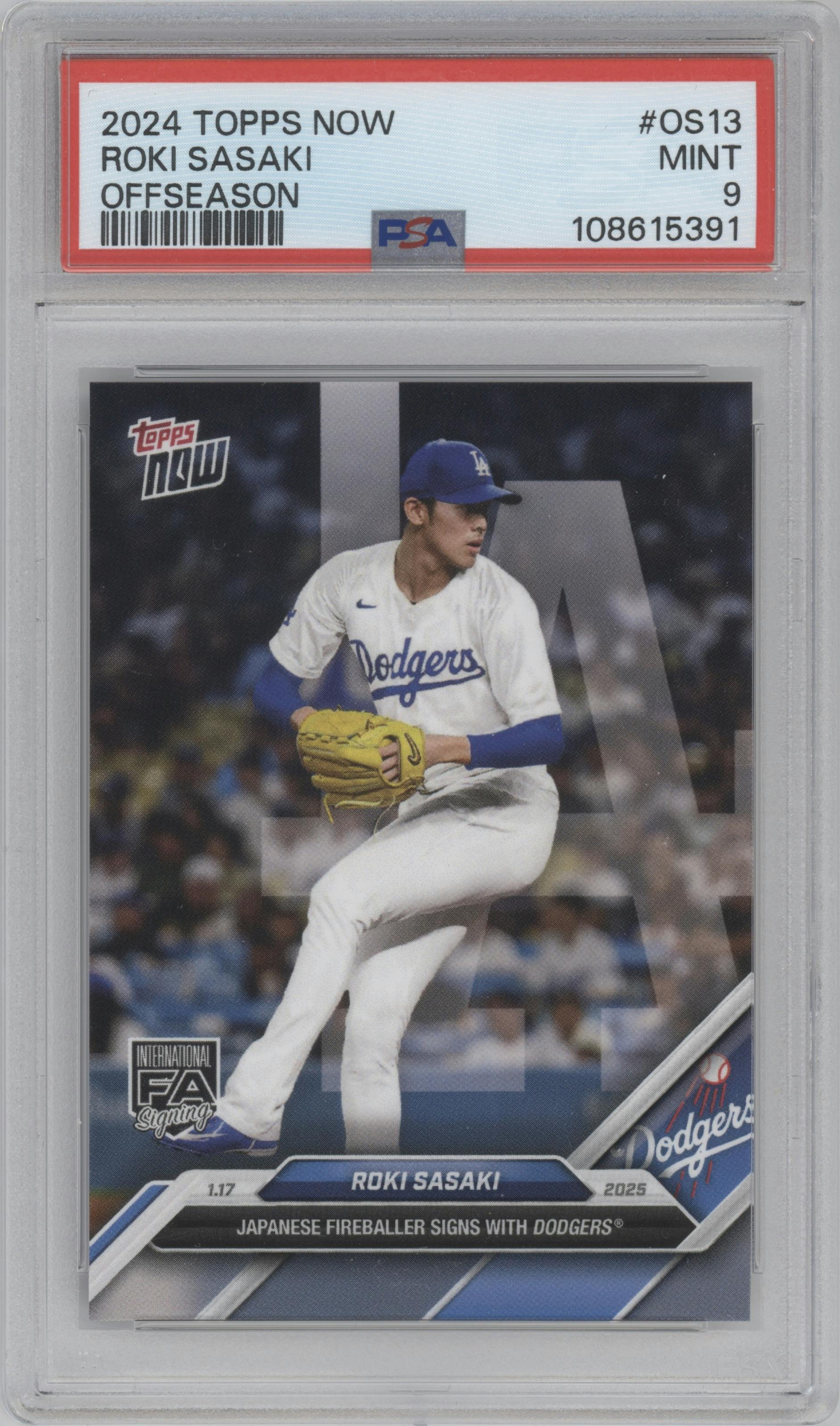 Roki Sasaki from the 2024-25 Topps Now Off-Season set graded by PSA and given an overall grade of 9.