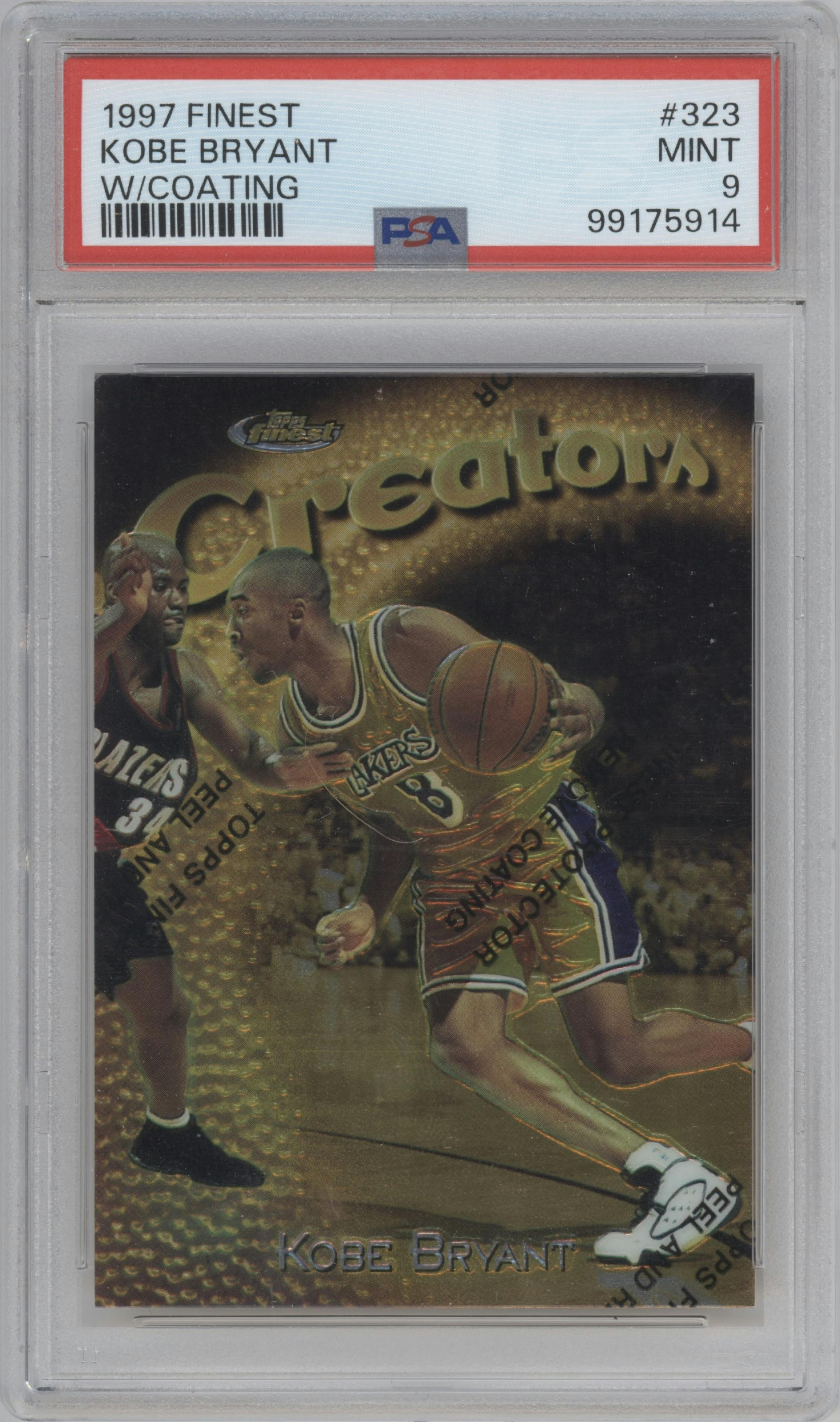 Kobe Bryant from the 1997-98 Topps Finest set featuring a W/ Coating parallel graded by PSA and given an overall grade of 9.