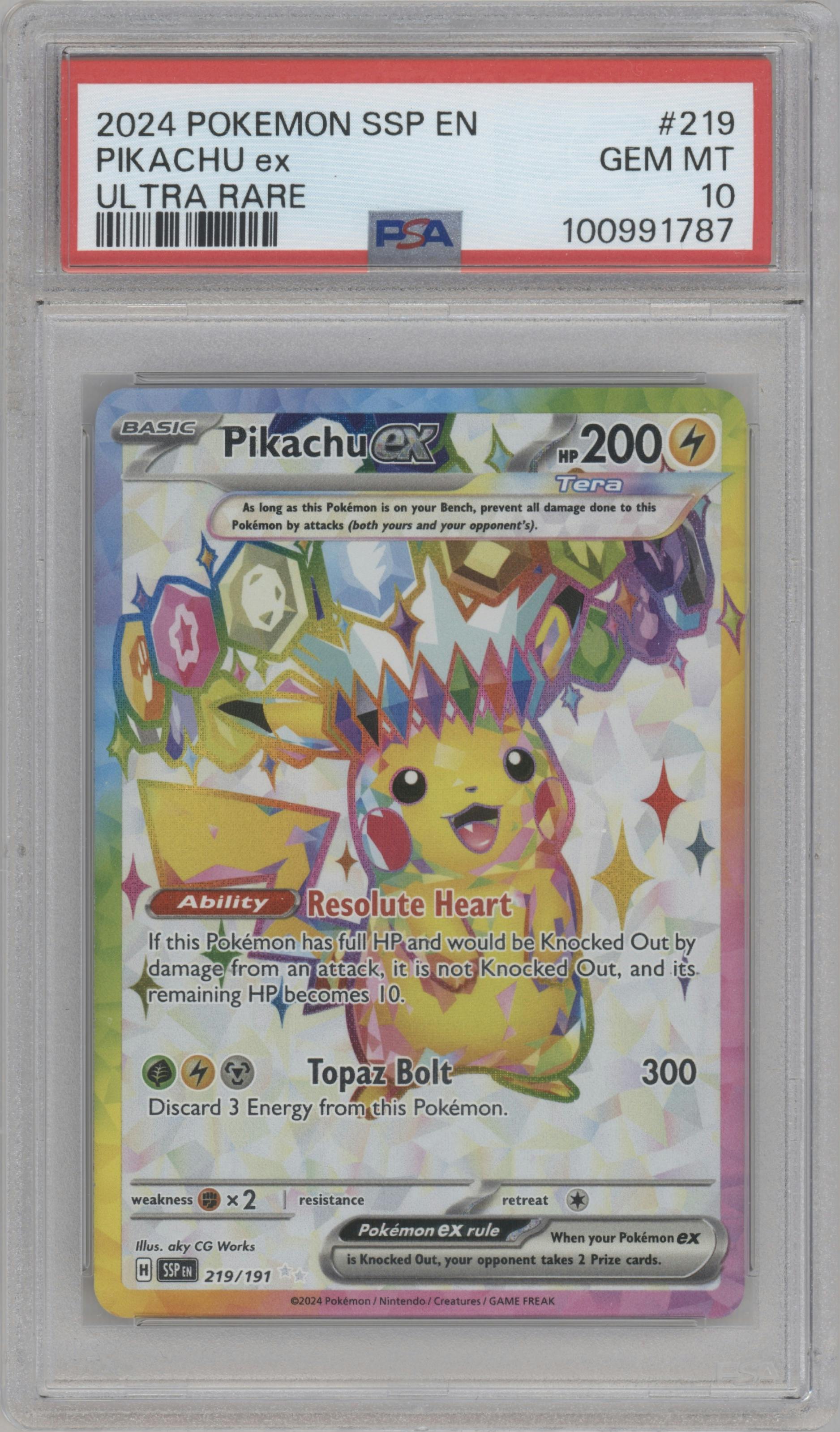 Pikachu ex from the 2024 Pokemon SV set graded by PSA and given an overall grade of 10.