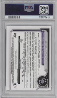 Robert Calaz from the 2024 Bowman set featuring a Mini-Diamond Refractor parallel graded by PSA and given an overall grade of 10.