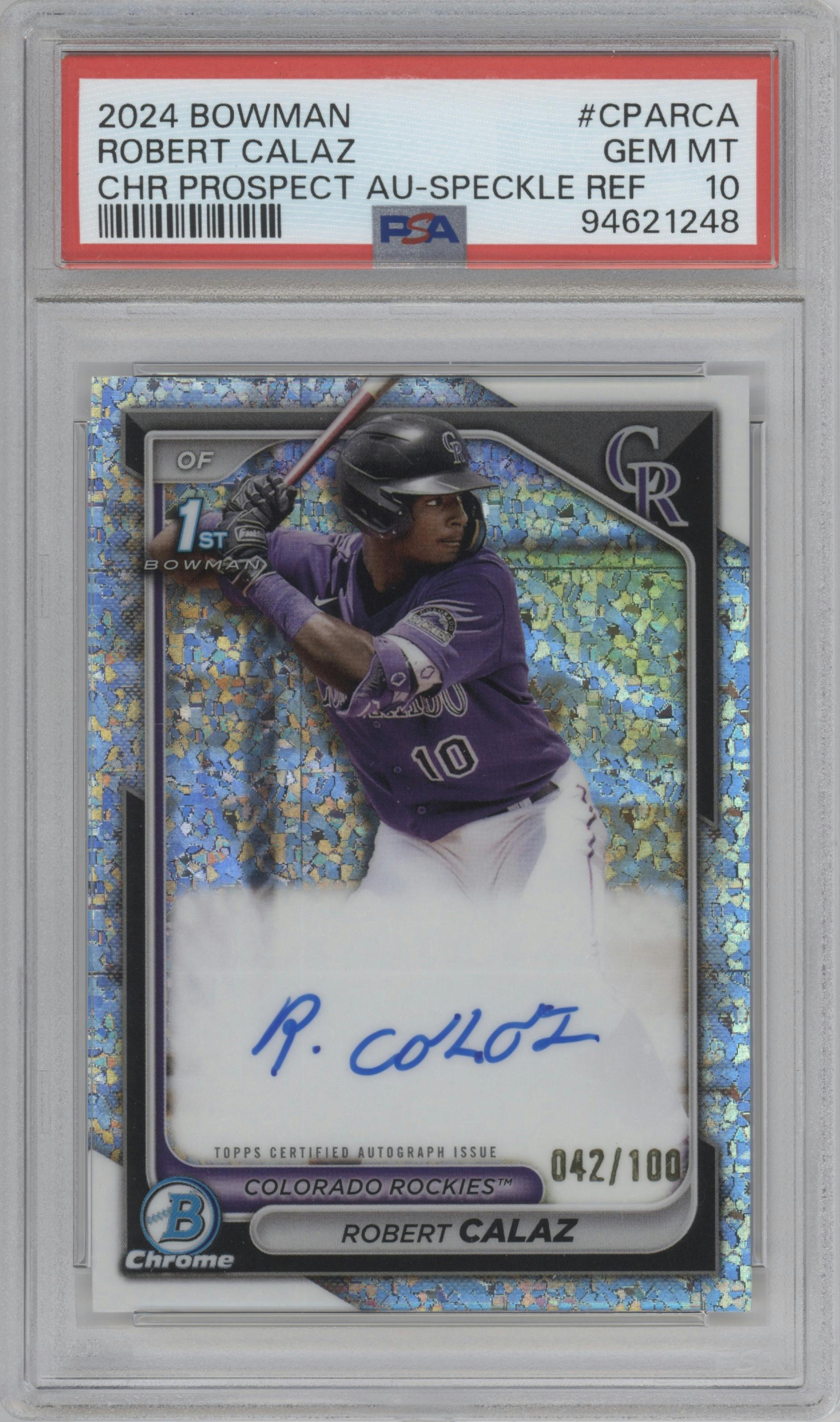 Robert Calaz from the 2024 Bowman set featuring a Mini-Diamond Refractor parallel graded by PSA and given an overall grade of 10.