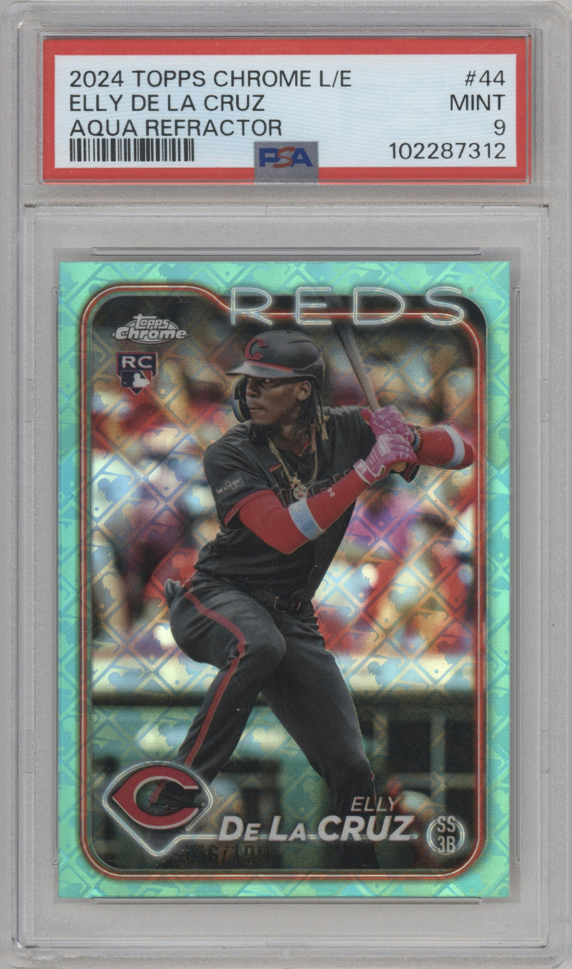 Elly De La Cruz from the 2024 Topps Chrome Logofractor set featuring a Aqua Refractor parallel graded by PSA and given an overall grade of 9.