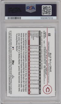 Elly De La Cruz from the 2024 Topps Chrome Logofractor set featuring a Aqua Refractor parallel graded by PSA and given an overall grade of 9.