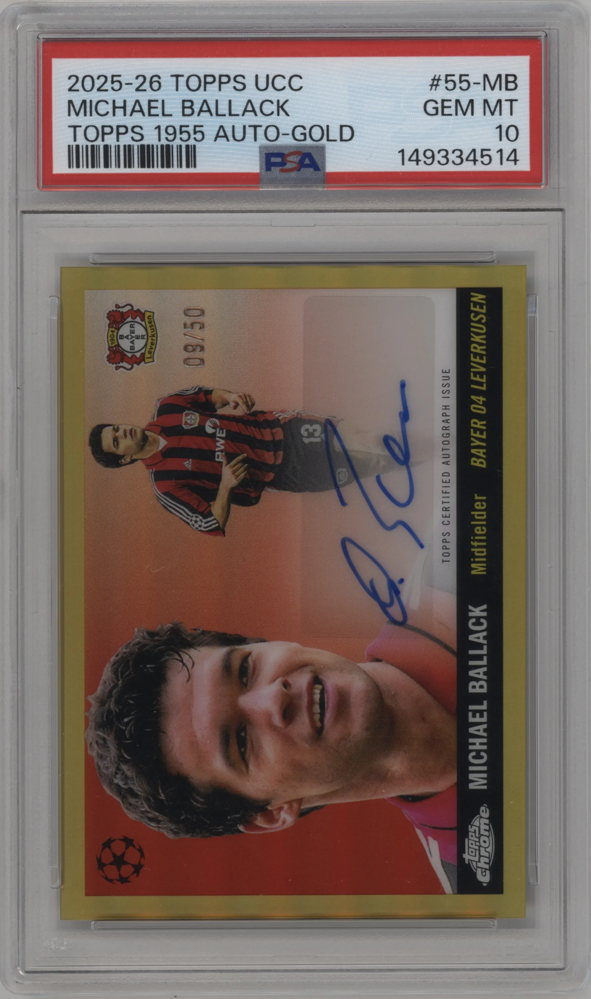 2025 Topps UEFA Club Competitions '55 Topps Auto Michael Ballack Gold Foil PSA 10