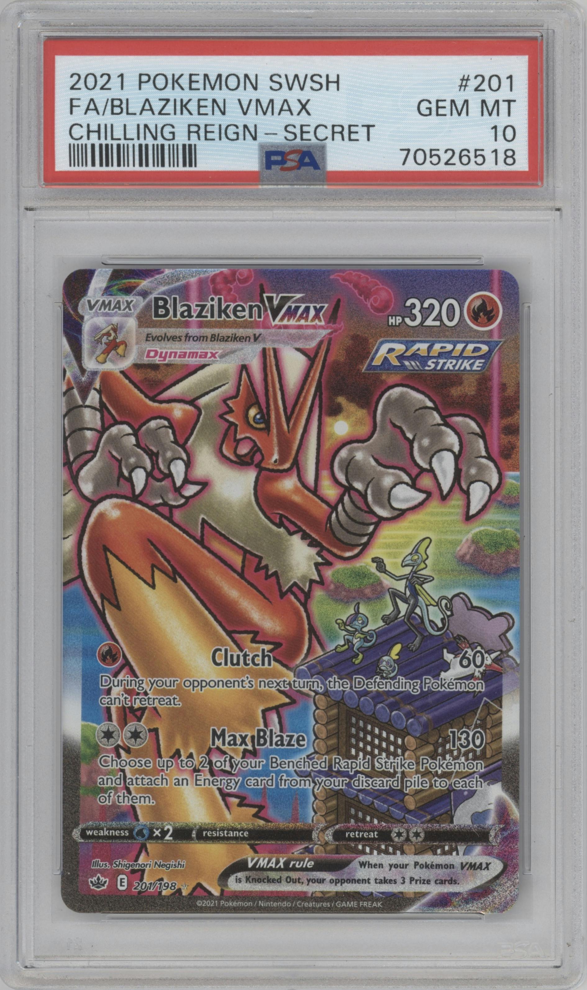 Blaziken VMAX from the 2021 Pokemon SWSH set graded by PSA and given an overall grade of 10.