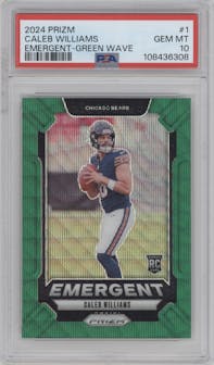 Caleb Williams from the 2024 Panini Prizm set featuring a Green Wave parallel graded by PSA and given an overall grade of 10.