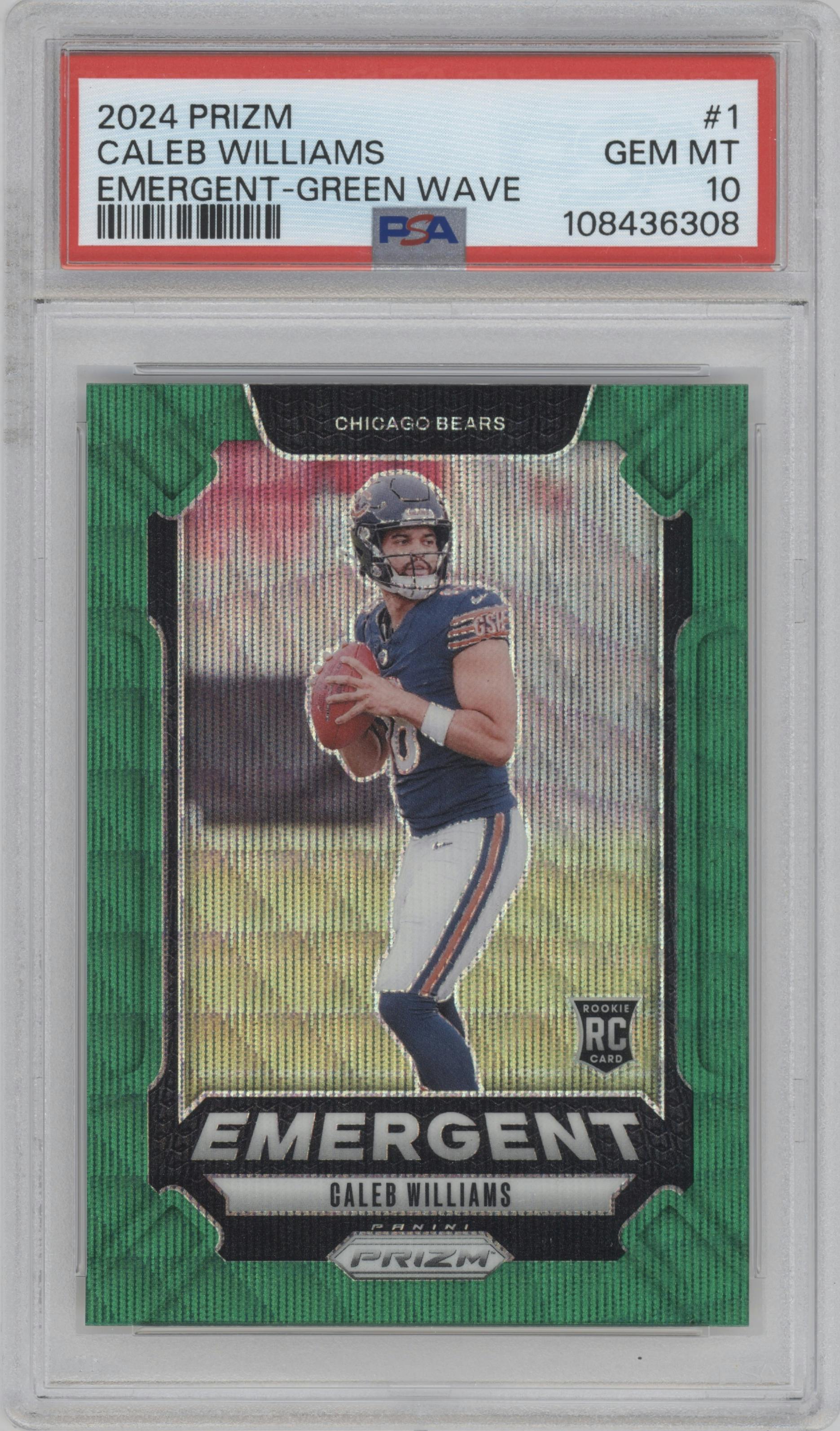 Caleb Williams from the 2024 Panini Prizm set featuring a Green Wave parallel graded by PSA and given an overall grade of 10.