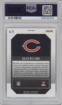 Caleb Williams from the 2024 Panini Prizm set featuring a Green Wave parallel graded by PSA and given an overall grade of 10.