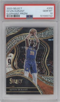 Kevin Durant from the 2023-24 Panini Select  set featuring a Elephant parallel graded by PSA and given an overall grade of 10.